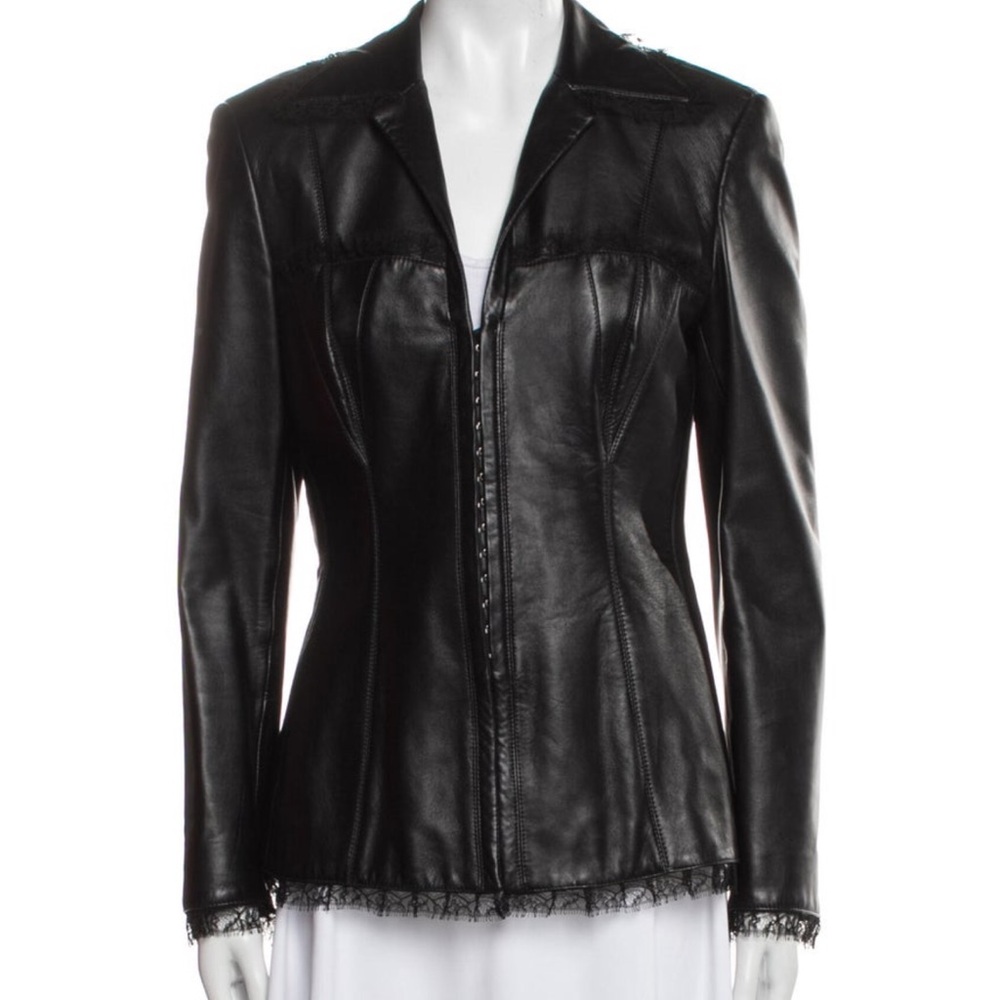 Escada Black Leather Jacket with Lace Trim